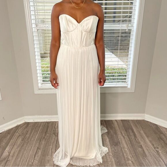 Anna Campbell Boned Strapless bodice silk chiffon corset Wedding Dress w train - Picture 11 of 14